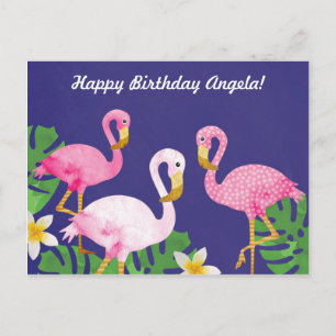 Tropical Pink Flamingos on Purple Postcard