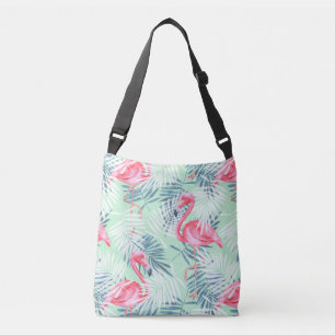 Tropical Pink Flamingos & Palm Leaves Crossbody Bag