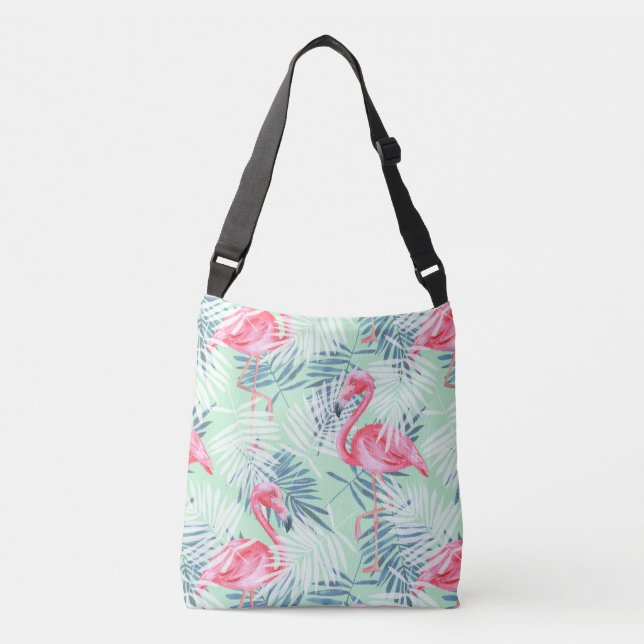 Tropical Pink Flamingos & Palm Leaves Crossbody Bag (Front)