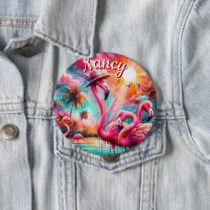 Tropical Pink Flamingos Palm Trees Personalised 10 Cm Round Badge