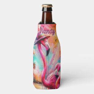 Tropical Pink Flamingos Palm Trees Personalised Bottle Cooler