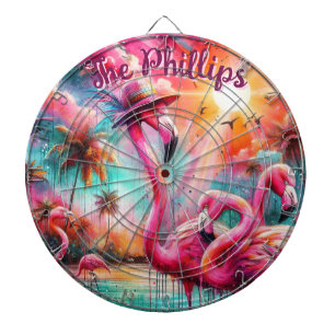 Tropical Pink Flamingos Palm Trees Personalised Dartboard