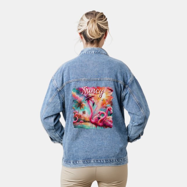 Tropical Pink Flamingos Palm Trees Personalised Denim Jacket (Model)