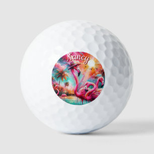 Tropical Pink Flamingos Palm Trees Personalised Golf Balls
