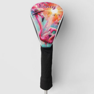 Tropical Pink Flamingos Palm Trees Personalised Golf Head Cover