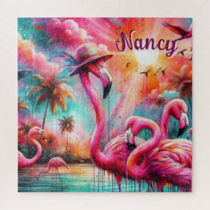 Tropical Pink Flamingos Palm Trees Personalised Jigsaw Puzzle
