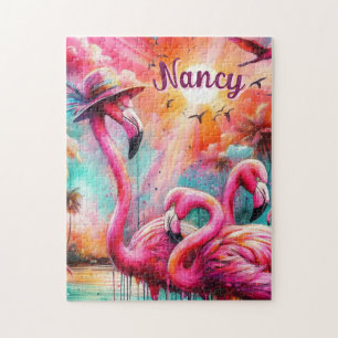 Tropical Pink Flamingos Palm Trees Personalised Jigsaw Puzzle