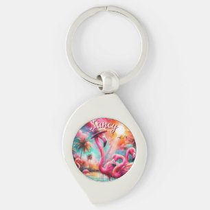 Tropical Pink Flamingos Palm Trees Personalised Key Ring