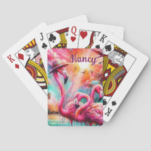 Tropical Pink Flamingos Palm Trees Personalised Playing Cards