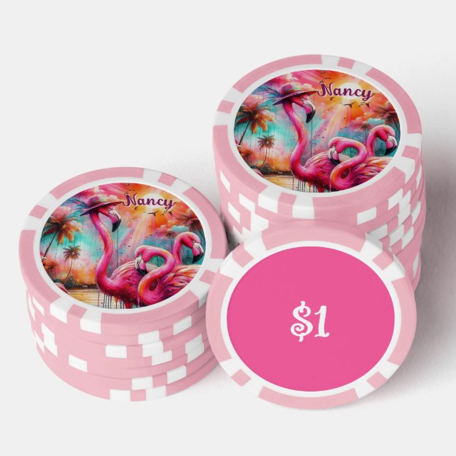 Tropical Pink Flamingos Palm Trees Personalised Poker Chips (Stack)