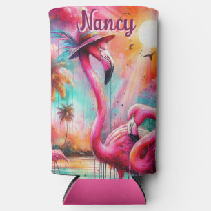 Tropical Pink Flamingos Palm Trees Personalised Seltzer Can Cooler