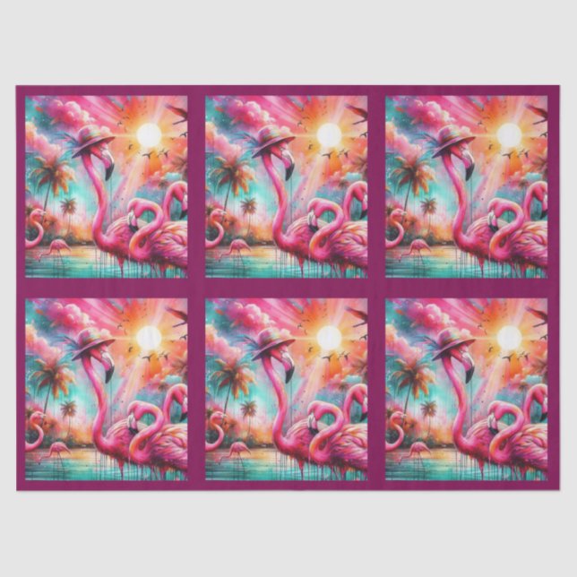 Tropical Pink Flamingos Palm Trees Sun Decoupage Tissue Paper (Front)