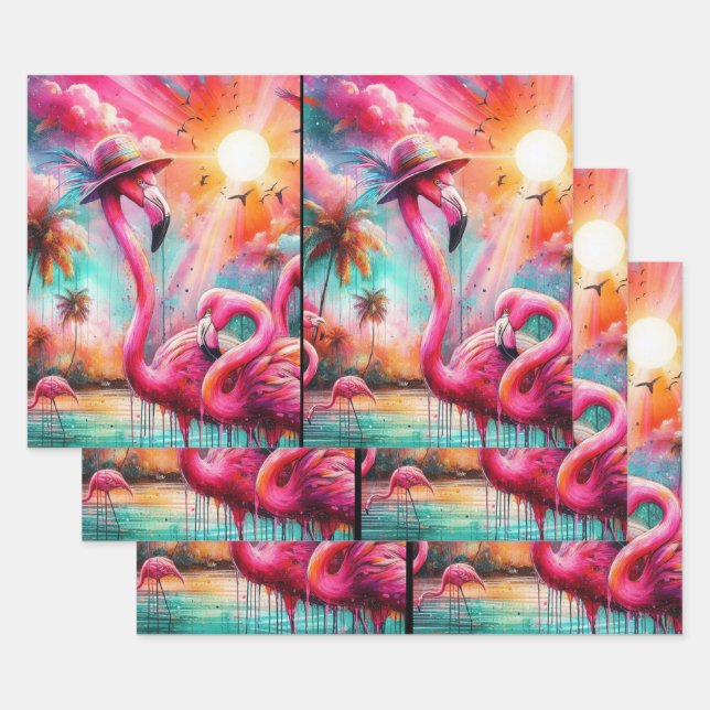 Tropical Pink Flamingos Palm Trees Sun Decoupage Wrapping Paper Sheet (Set)