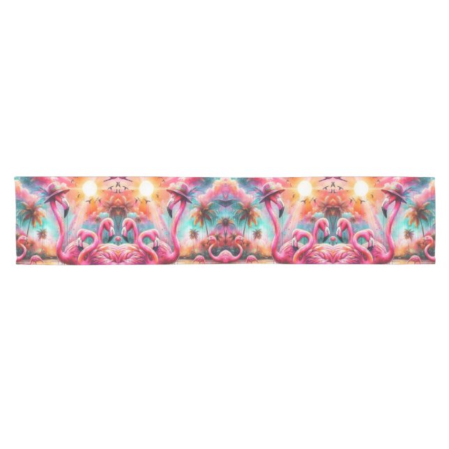 Tropical Pink Flamingos Palm Trees Sun Water Teal Short Table Runner (Horizontal)