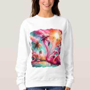 Tropical Pink Flamingos Palm Trees Sun Water Teal  Sweatshirt