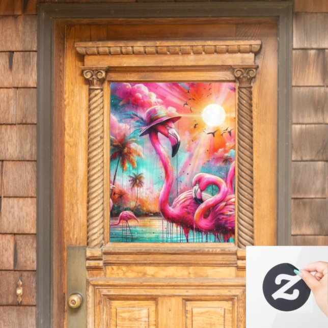 Tropical Pink Flamingos Palm Trees Sun Water Teal  Window Cling (Home Door)