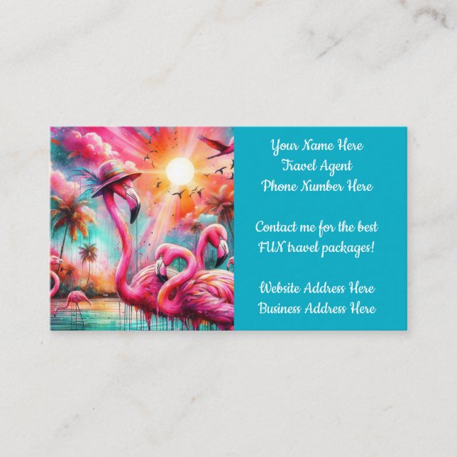 Tropical Pink Flamingos Palm Trees Travel Agent Business Card (Front)