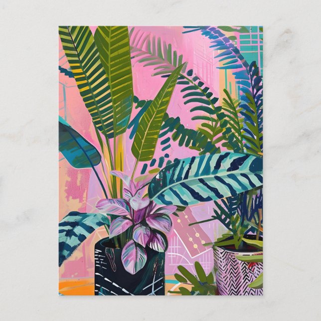 Tropical pink flamingos set against lush green holiday postcard (Front)