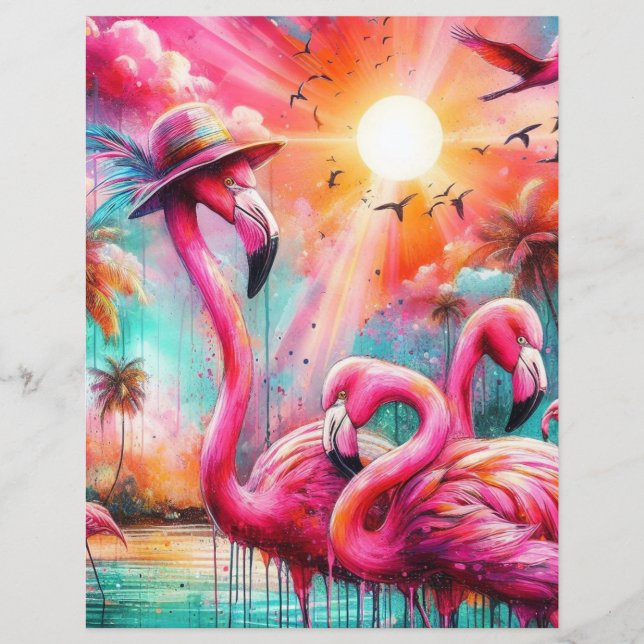 Tropical Pink Flamingos Sunset Scrapbook Paper (Front)