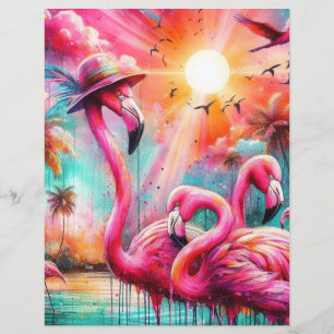 Tropical Pink Flamingos Sunset Scrapbook Paper
