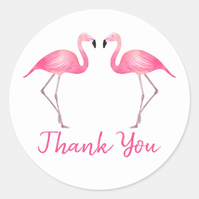 Tropical Pink Flamingos Thank You Wedding Beach Classic Round Sticker (Front)