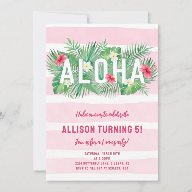 Tropical Pink Floral Aloha Luau Birthday Invite (Front)