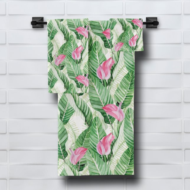Tropical Pink Floral and Greenery  Bath Towel Set (Tropical Pink Floral and Greenery Bath Towel Set, buy separate pieces, too.)