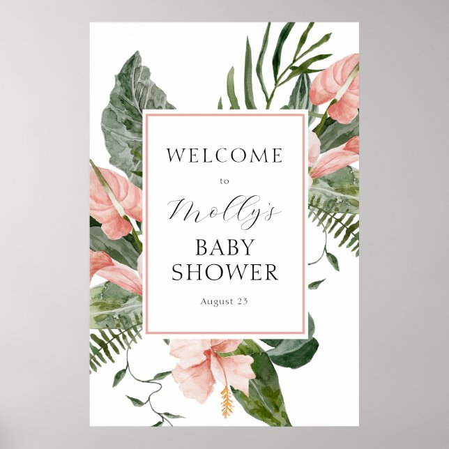 Tropical Pink Floral Baby Shower Welcome Poster (Front)