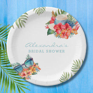 Tropical Pink Floral Beach Bridal Shower Paper Plate