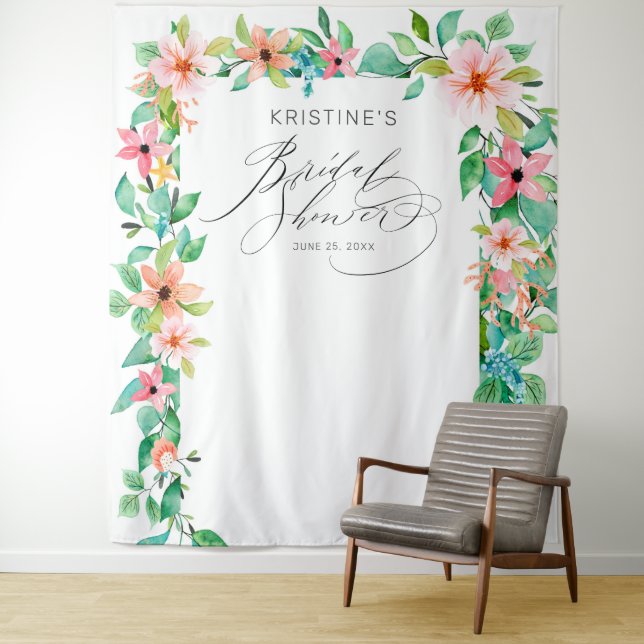 Tropical Pink Floral Elegant Script Bridal Shower Tapestry (In Situ)