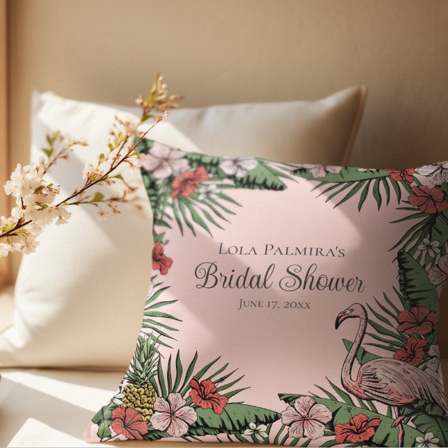 Tropical Pink Floral Flamingo Bridal Shower Cushion (Elegant Hawaiian Bridal Shower  Design. Hand-Drawn Tropical Hibiscus Flowers, Flamingo, Pineapple)