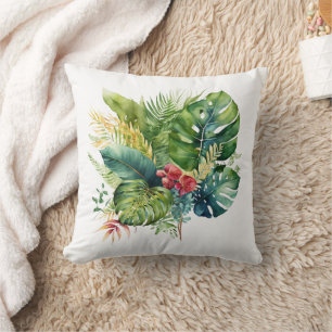 Tropical Pink Floral Green Palm Leaves Greenery Cushion