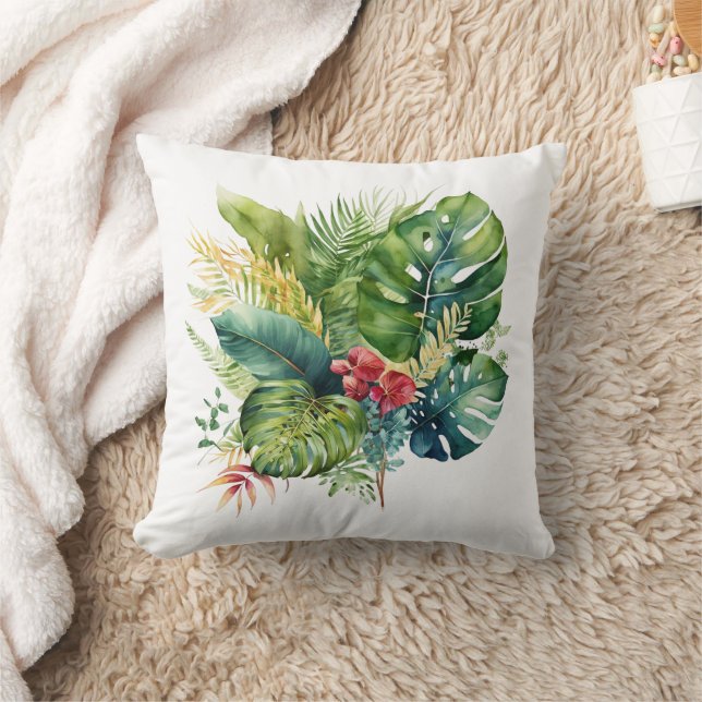Tropical Pink Floral Green Palm Leaves Greenery Cushion (Blanket)