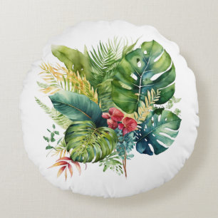 Tropical Pink Floral Green Palm Leaves Greenery Round Cushion