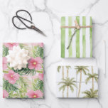 Tropical Pink Floral Green Stripes Wedding Wrapping Paper Sheet<br><div class="desc">Tropical Pink Flowers Green Stripes Palm Trees wedding bridal shower</div>