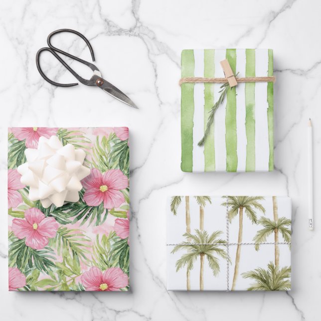 Tropical Pink Floral Green Stripes Wedding Wrapping Paper Sheet (Front)