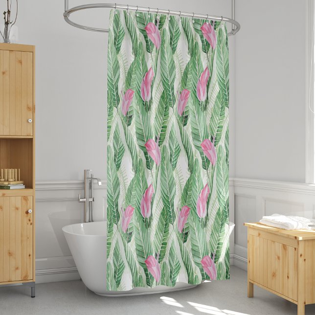 Tropical Pink Floral Greenery Shower Curtain (Tropical Pink Floral Greenery Shower Curtain)