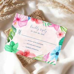 Tropical pink floral hawaiian wedding RSVP card