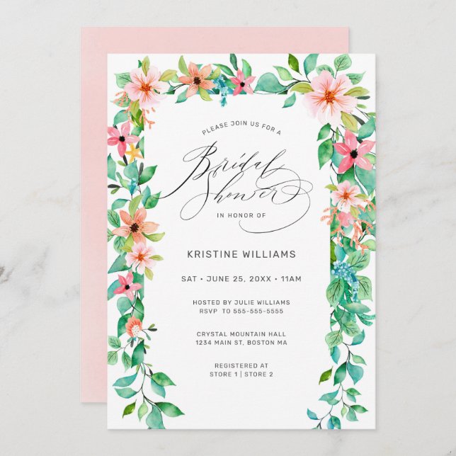 Tropical Pink Floral Modern Script Bridal Shower I Invitation (Front/Back)