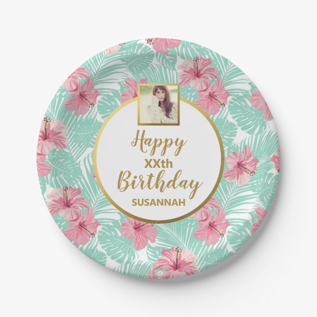 Tropical Pink Floral Palm Tree , Birthday Photo Paper Plate (Front)