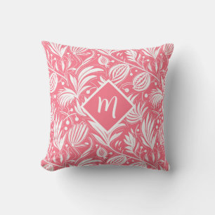Tropical Pink Floral Pattern Diamond Monogram Cushion