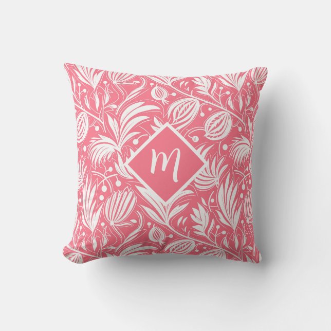 Tropical Pink Floral Pattern Diamond Monogram Cushion (Front)