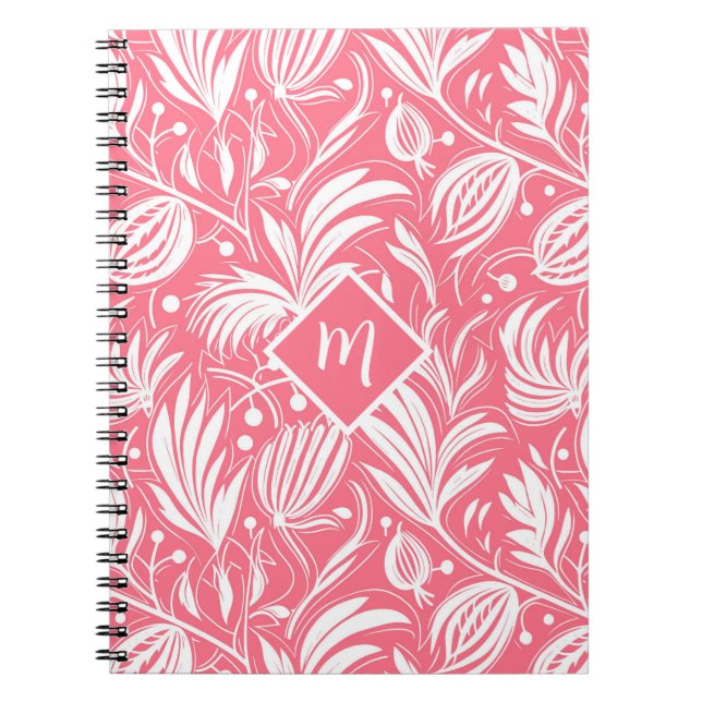 Tropical Pink Floral Pattern Diamond Monogram Notebook (Front)