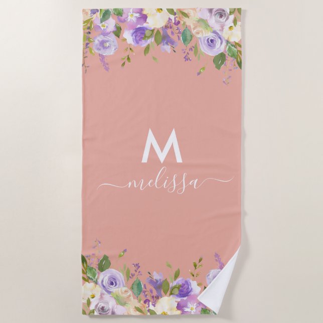 Tropical pink floral personalised beach towel (Front)