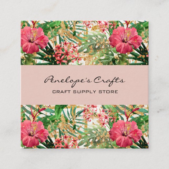 Tropical Pink Floral Square Business Card (Front)