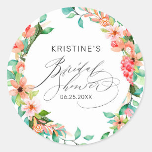 Tropical Pink Floral Watercolor Bridal Shower Classic Round Sticker