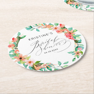 Tropical Pink Floral Watercolor Bridal Shower Round Paper Coaster