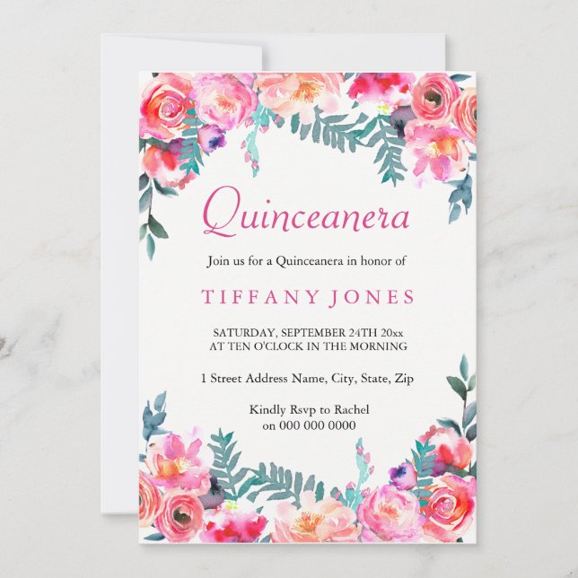 Tropical Pink Floral Watercolor Quinceanera Invite (Front)