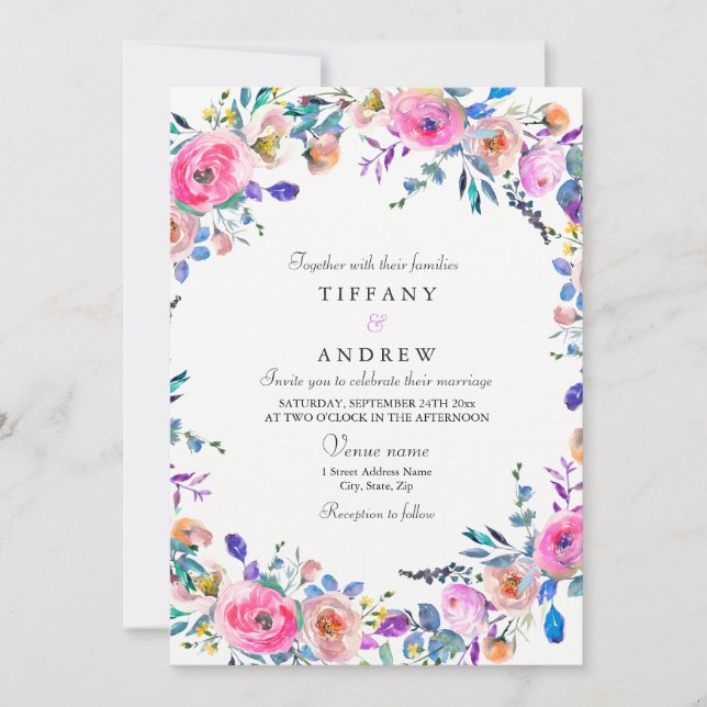 Tropical Pink Floral Watercolor Wedding Invite (Front)