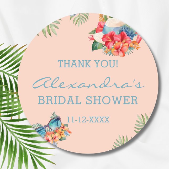Tropical Pink Flower Beach Bridal Shower Thank You Classic Round Sticker (Creator Uploaded)